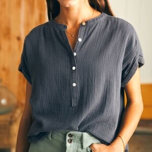 Faherty Dream Cotton Gauze Desmond Top Navy Blue Sz S